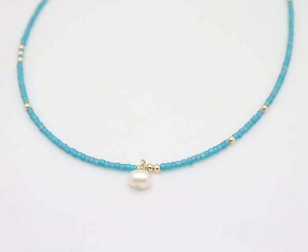 Boho Japanese Seed Bead Choker & Fresh Water Pearl - Deep Turquoise