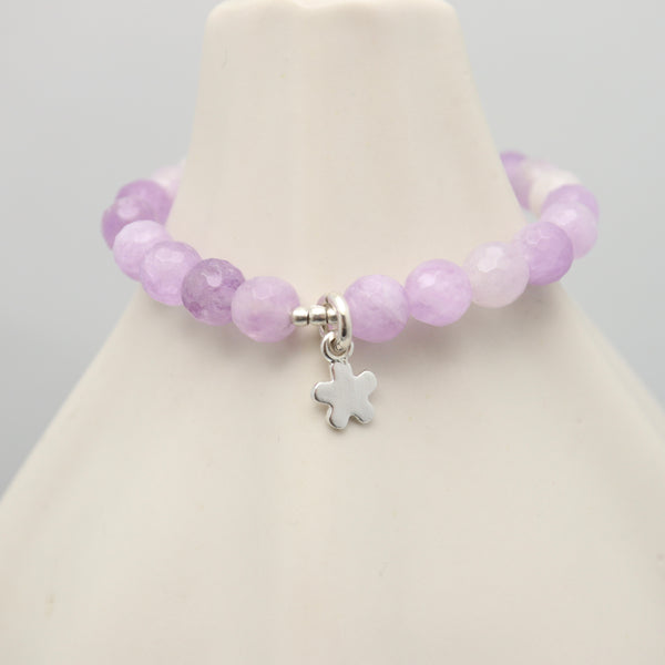 Natural Purple Jade Stone & Fine Silver Daisy Stretch Bracelet