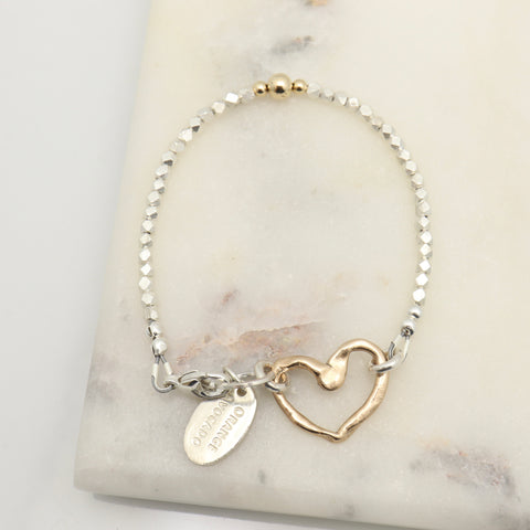 Heart Collection:  Bronze Heart & Fine Silver Beaded Bracelet with Clasp