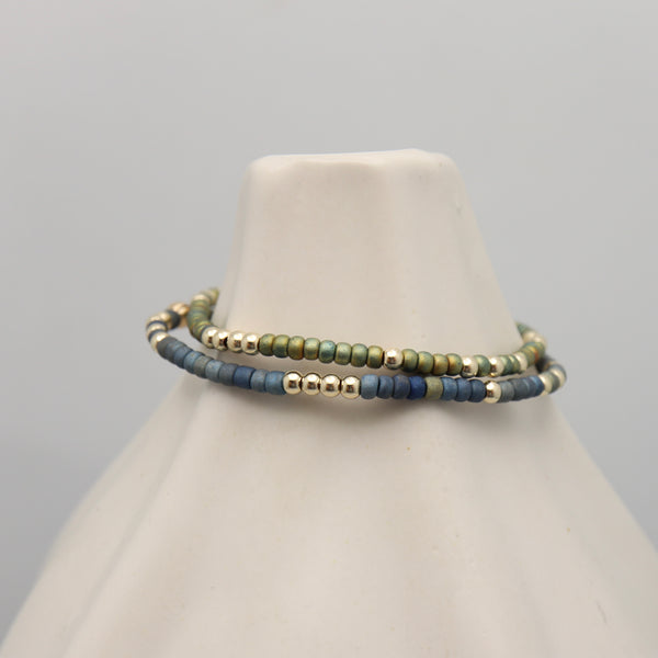 Japanese toho seed bead & gold stretch bracelet - denim blue