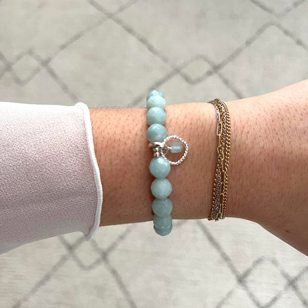 Entwined Collection:  Natural Amazonite with Silver Link & Aquamarine Stretch Bracelet