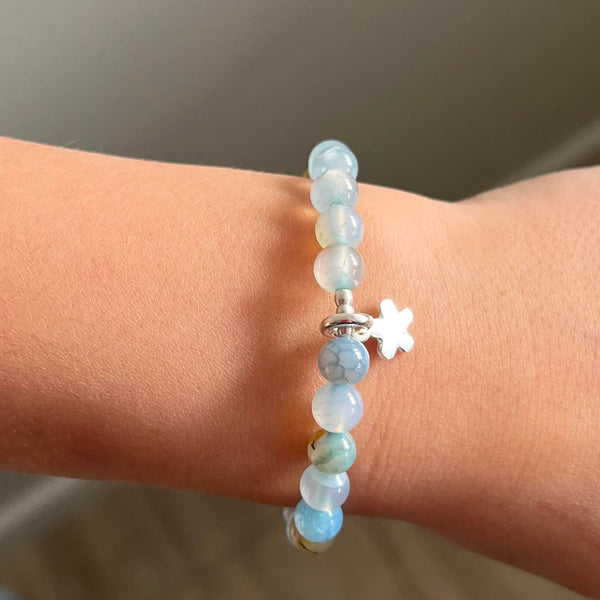 CHILD Bracelets: Ocean Blue Agate & Fine Silver Daisy Stretch Bracelet