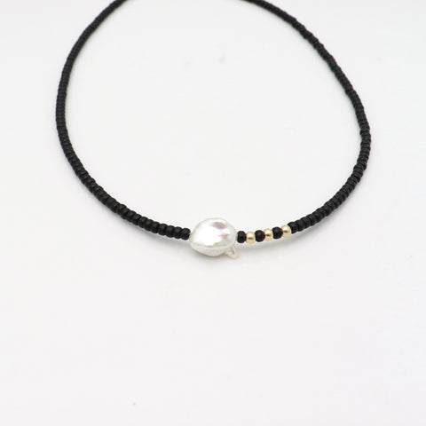 Jet Black Japanese Beaded Necklace and Keshi Pearls