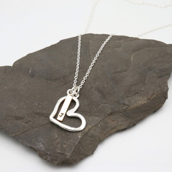 Personalized Gold Filled Bar & Fine Silver Heart Necklace