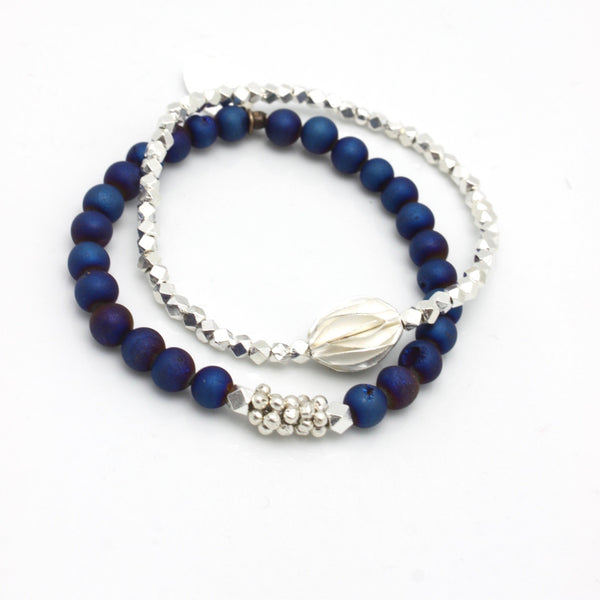 Inner Spirit:  Deep Marine Blue Druzy Quartz Stretch Bracelet & Silver Flower Beads