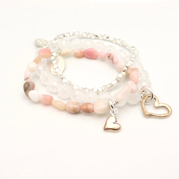 Petite Bronze Heart Pink Opal Nugget Stretch Bracelet