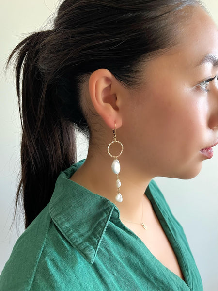 Three Pearl & Gold Link Earrings