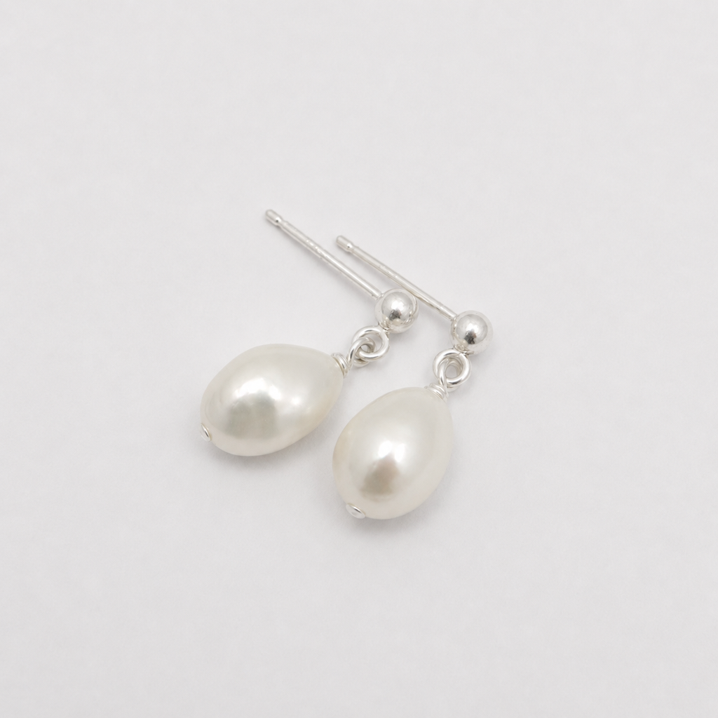 Pearl Drop Stud Earrings - Silver