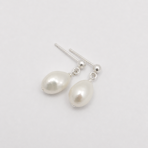 Pearl Drop Stud Earrings - Silver