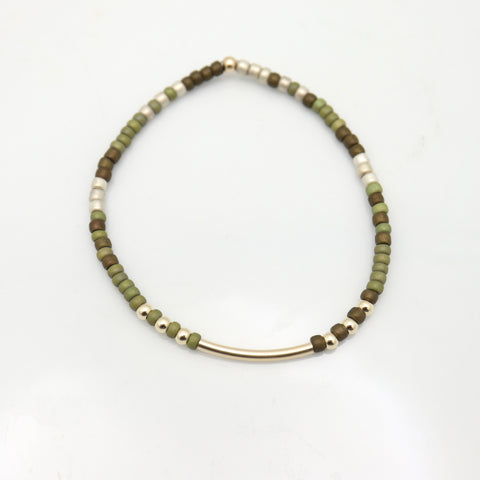 Alpine Olive Japanese Toho Bead & Gold Bar Stretch Bracelet