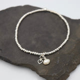 Fresh Water Pearl & Mini Heart Silver Stretch Bracelet