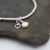 Fresh Water Pearl & Mini Heart Silver Stretch Bracelet