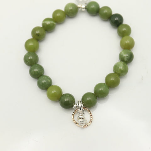 Halo Collection:  Mountain Jade & Gold Halo & Silver Stack Pendant Stretch Bracelet