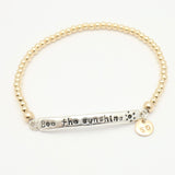 Sculpted Fine Silver Bar & Gold Beaded Stretch Bracelet