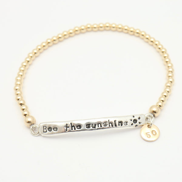 Sculpted Fine Silver Bar & Gold Beaded Stretch Bracelet