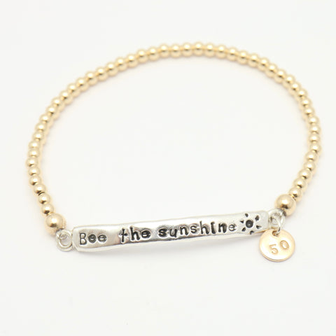 Sculpted Fine Silver Bar & Gold Beaded Stretch Bracelet