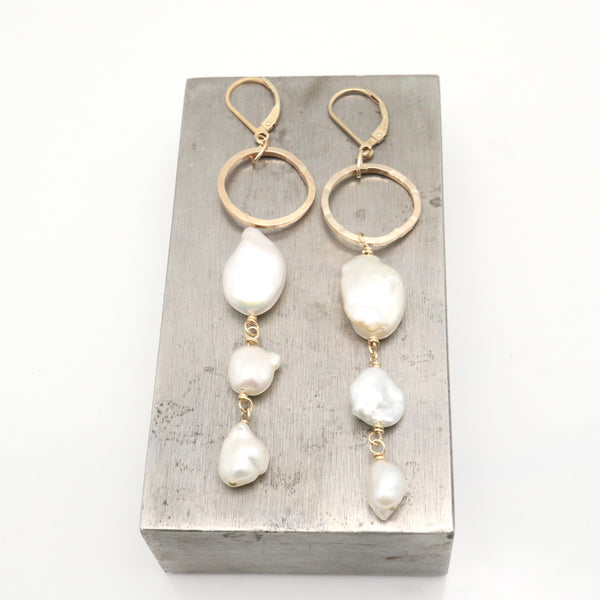 Three Pearl & Gold Link Earrings