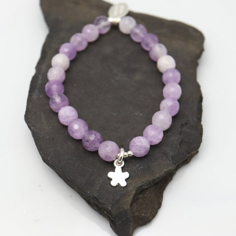 Natural Purple Jade Stone & Fine Silver Daisy Stretch Bracelet