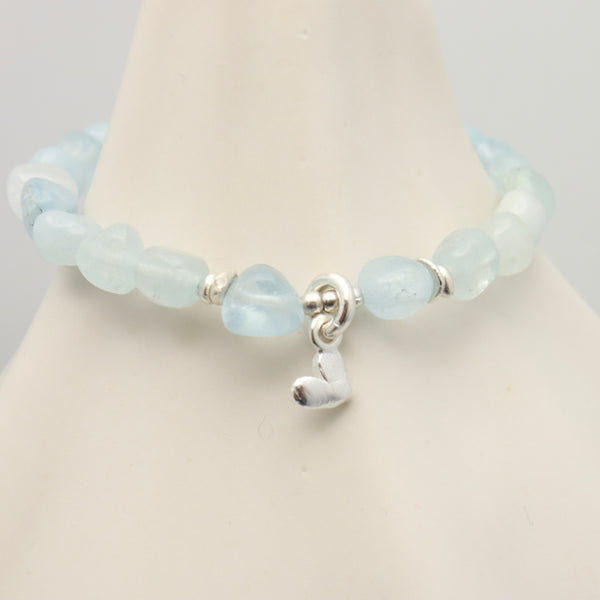 Aquamarine Nugget & Fine Silver Heart Stretch Bracelet