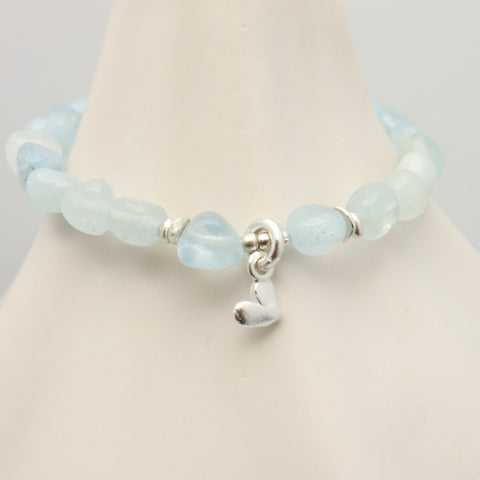 Aquamarine Nugget & Fine Silver Heart Stretch Bracelet