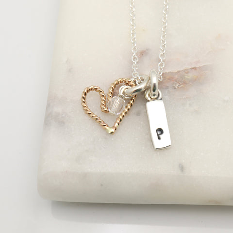 Fine Silver Bar & 14K Gold Fill Heart Initial Necklace