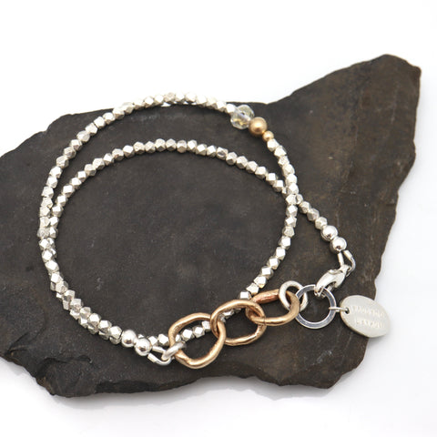 Bronze Entwined Links & Fine Silver Beaded Double Wrap Bracelet