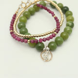 Halo Collection:  Mountain Jade & Gold Halo & Silver Stack Pendant Stretch Bracelet