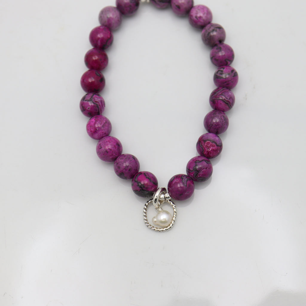 Halo Collection:  Jasper Picture Fuscia Stone Silver Halo & Fresh Water Pearl