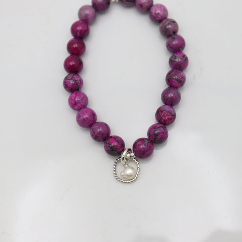Halo Collection:  Jasper Picture Fuscia Stone Silver Halo & Fresh Water Pearl