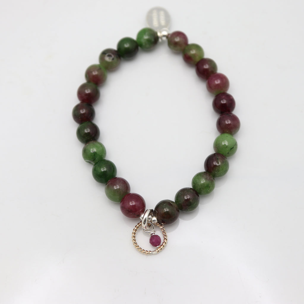 Halo Collection:  Green & Fuscia Jade & Gold Halo & Ruby Charm Stretch Bracelet