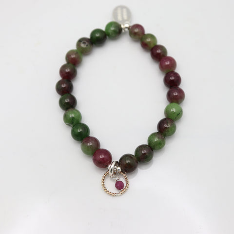 Halo Collection:  Green & Fuscia Jade & Gold Halo & Ruby Charm Stretch Bracelet