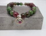 Halo Collection:  Green & Fuscia Jade & Gold Halo & Ruby Charm Stretch Bracelet
