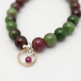 Halo Collection:  Green & Fuscia Jade & Gold Halo & Ruby Charm Stretch Bracelet