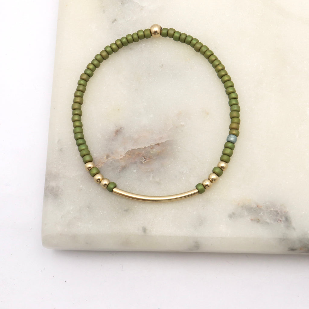 Alpine Collection: Botanical Green Japanese Toho Seed Beads & Gold Bar Stretch Bracelet