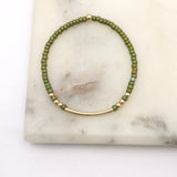 Alpine Collection: Botanical Green Japanese Toho Seed Beads & Gold Bar Stretch Bracelet