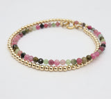 Watermelon Tourmaline & Gold Beaded Double Wrap Bracelet
