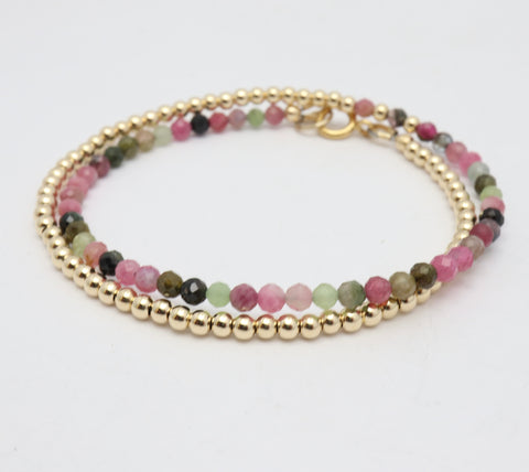 Watermelon Tourmaline & Gold Beaded Double Wrap Bracelet