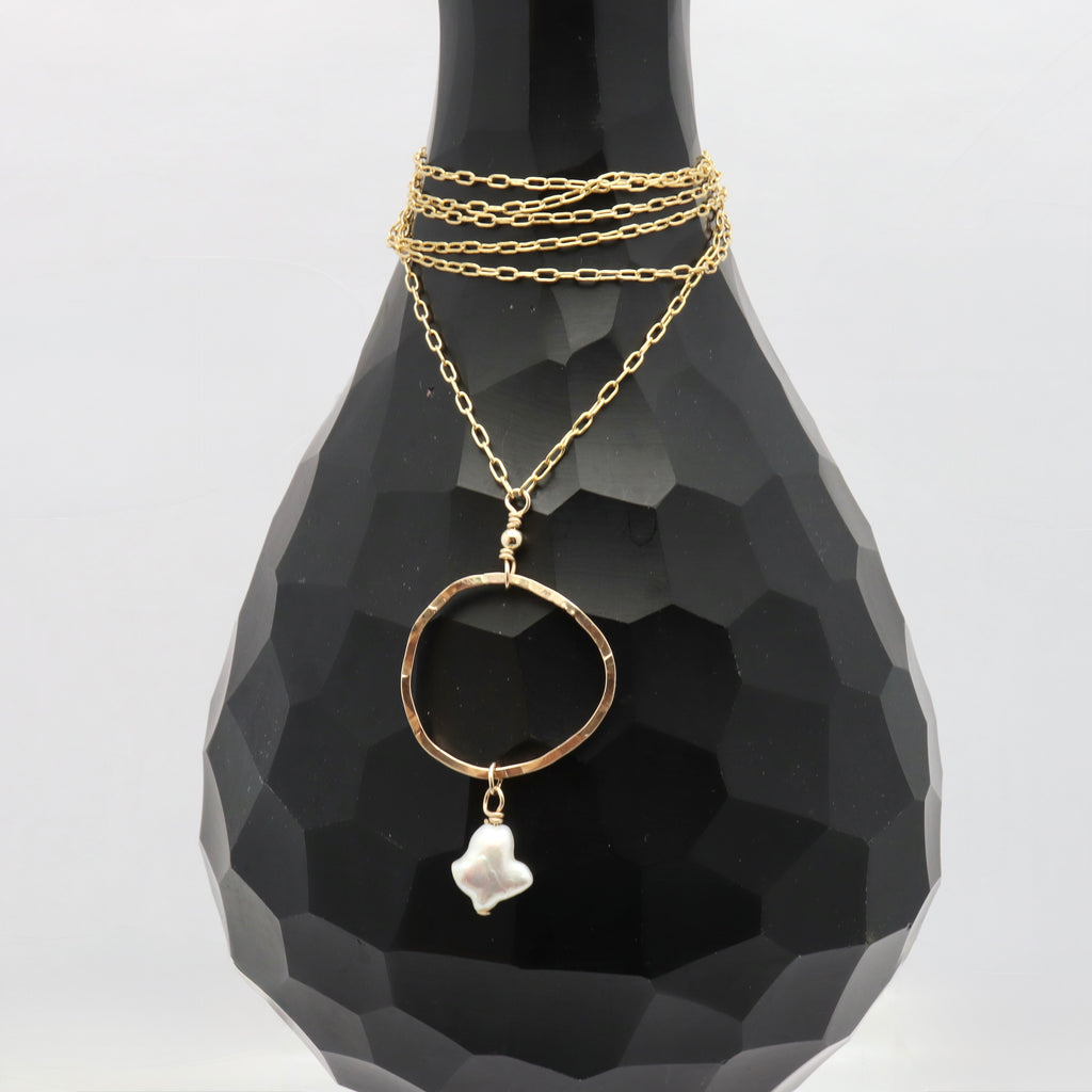 HERA Collection:  Bold Gold Ellipse Long Necklace & Keshi Pearl