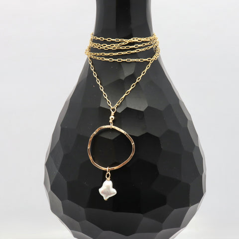 HERA Collection:  Bold Gold Ellipse Long Necklace & Keshi Pearl