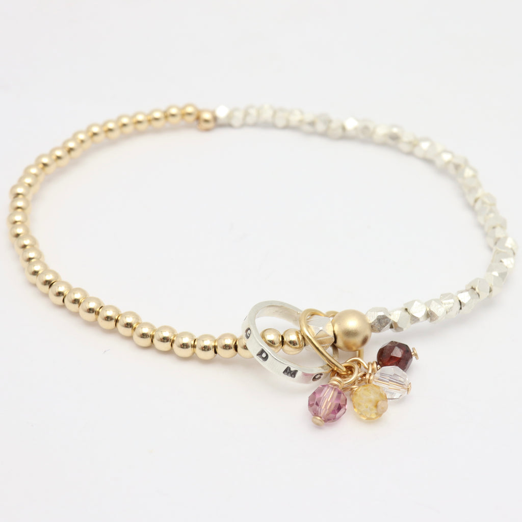 PERSONALIZED PETITE SILVER RING & GOLD HEART WITH CHARMS MIXED METAL STRETCH BRACELET