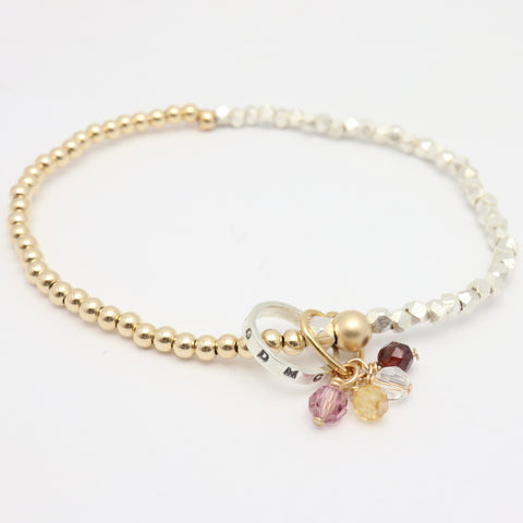 PERSONALIZED PETITE SILVER RING & GOLD HEART WITH CHARMS MIXED METAL STRETCH BRACELET