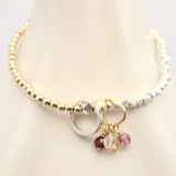 PERSONALIZED PETITE SILVER RING & GOLD HEART WITH CHARMS MIXED METAL STRETCH BRACELET