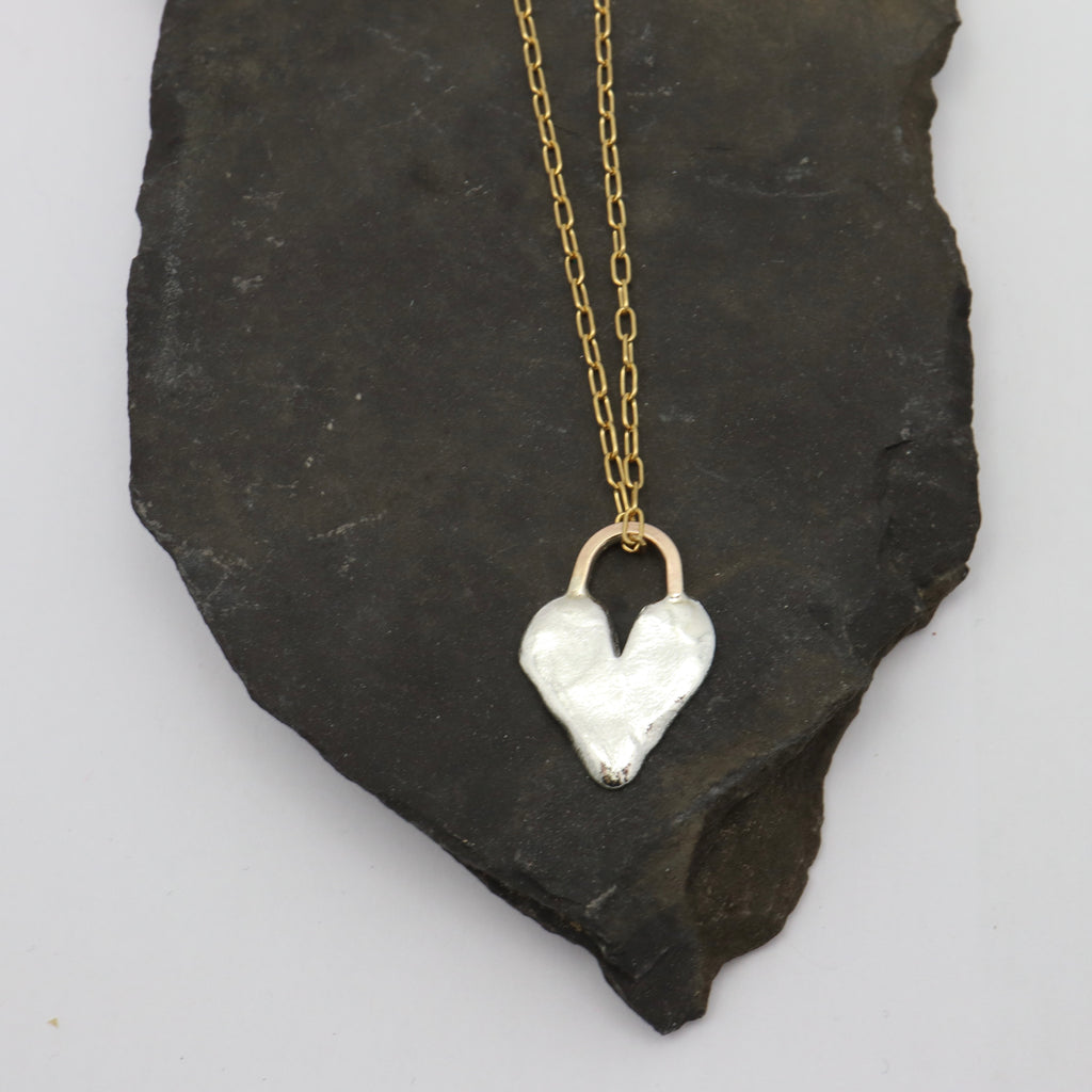Silver Heart & Hook Pendant Necklace - Gold Chain