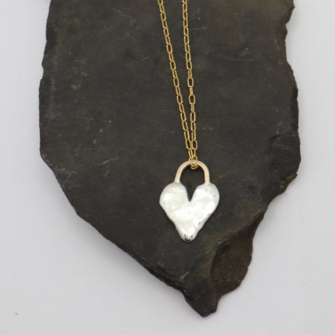 Silver Heart & Hook Pendant Necklace - Gold Chain