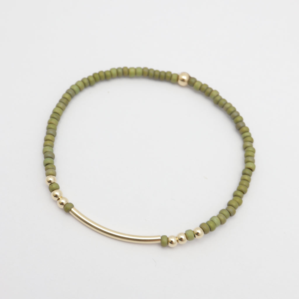 Alpine Collection: Botanical Green Japanese Toho Seed Beads & Gold Bar Stretch Bracelet