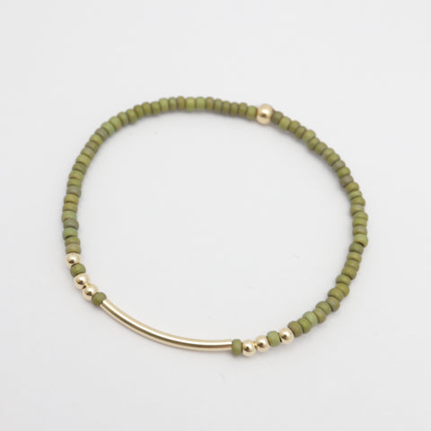Alpine Collection: Botanical Green Japanese Toho Seed Beads & Gold Bar Stretch Bracelet