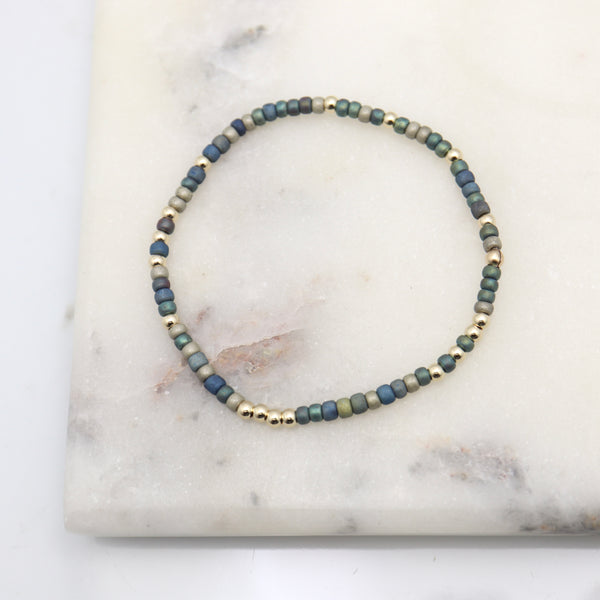 Japanese Toho Seed Bead & Gold Stretch Bracelet - Denim Blue