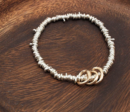 Freeform Fine Silver Nugget Bracelet with  3 Bronze Links