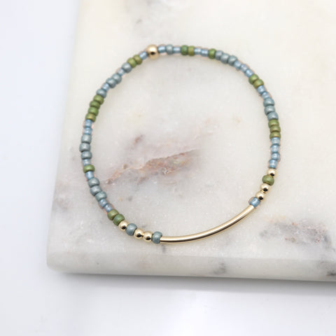 Alpine Blue Green Japanese Toho Seed Bead & Gold Bar Bracelet