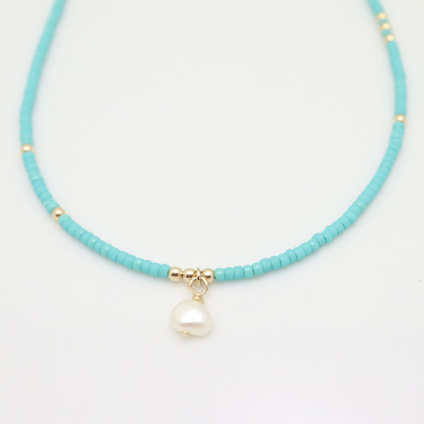 Japanese Seed Bead Choker & Fresh Water Pearl - Bright Turquoise